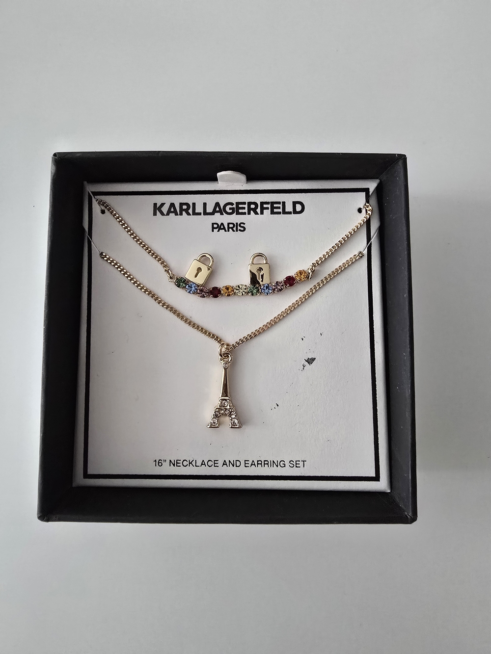 Karl Lagerfeld Gold-Tone Eiffel Tower Necklace & Multicolor Crystal Earrings Set